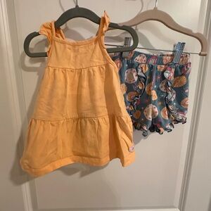 Ruffle Butts Orange Top and Blue Patterned Shorts